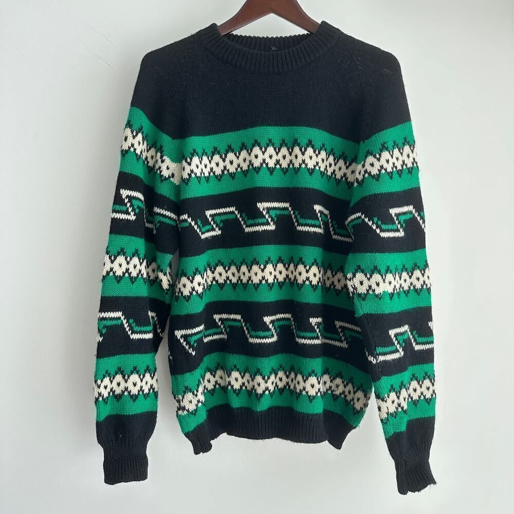 Vintage Wool Ski Sweater Mens Large Chunky Hand Knit Retro